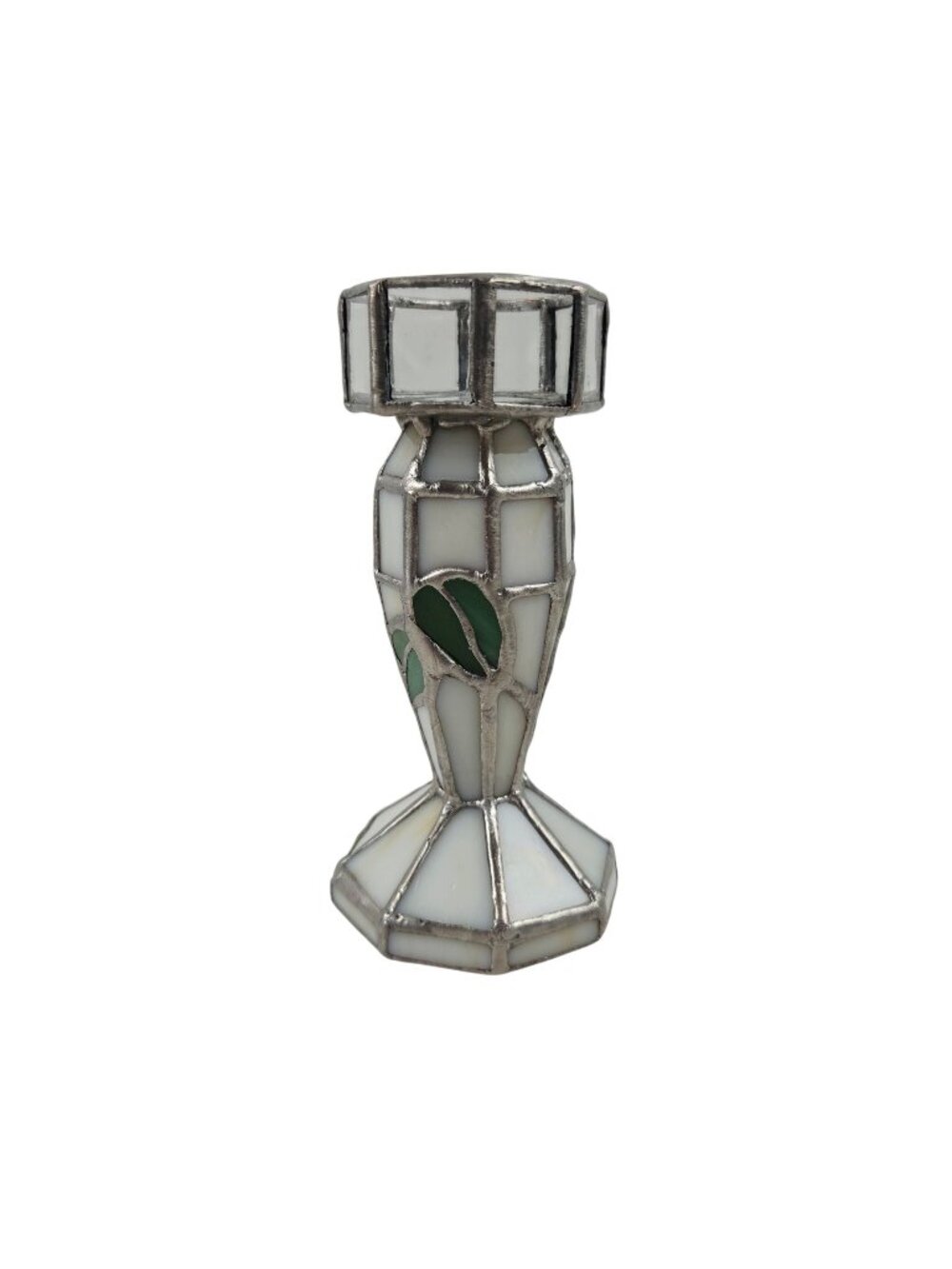 Stained Glass Candle Holder White Panel Design Green Leaf Accents Octagon